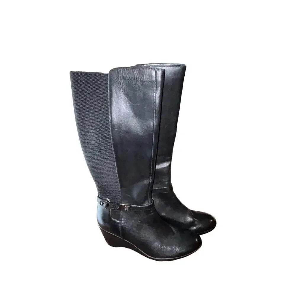 Blondo Lana Knee High Riding Boots Women 9 Black Leather Wedge Stretch B4933-11